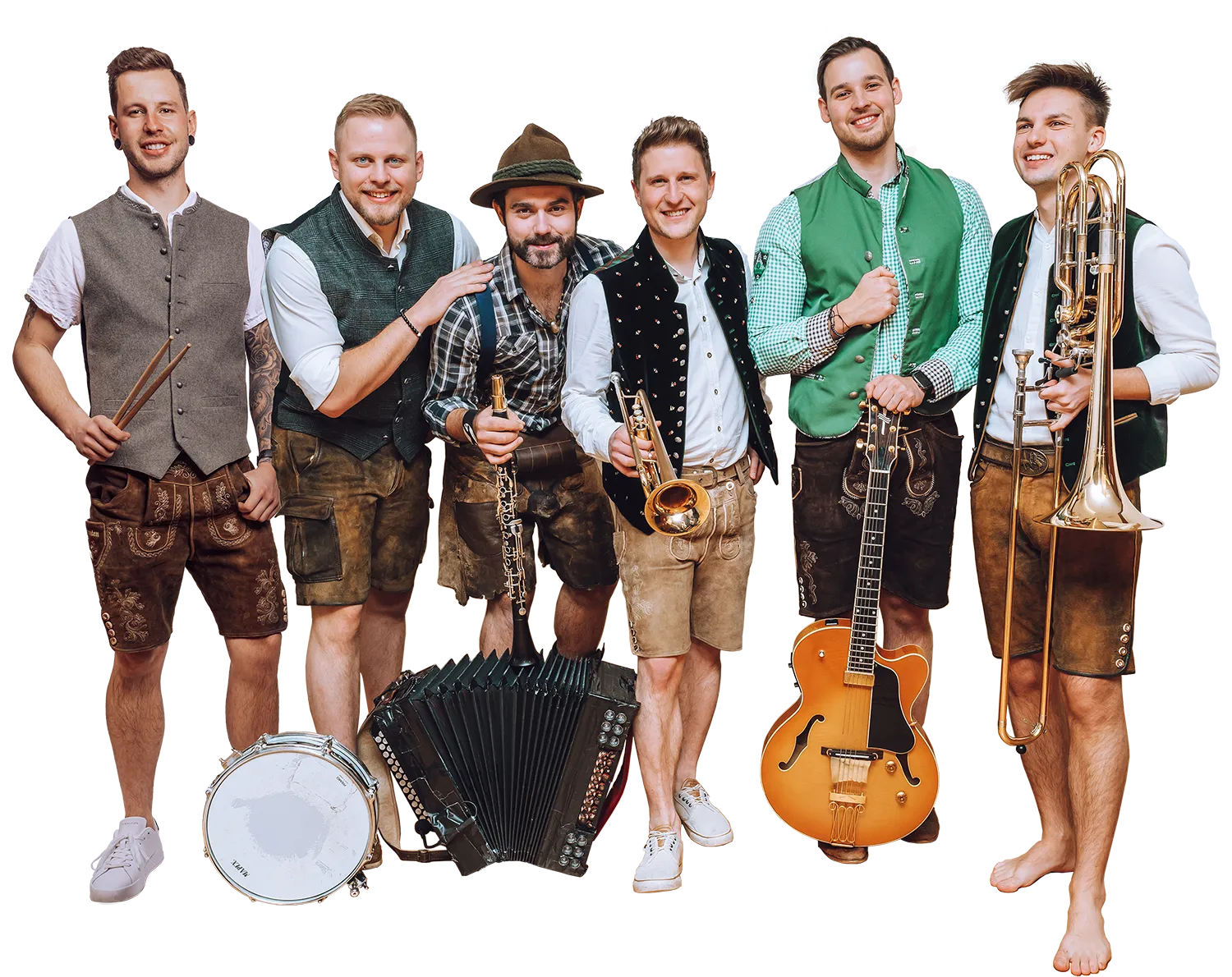 Band | Über uns 2 Die sechs Jungfidelen Mitglieder (v. li. n. re.): Marcel Trupp, Ingo Wandler, Christoph Knes, Michael Mayer, Mathias Mayer & Bernhard Vierbach